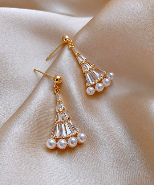 Pearl Alloy Fashion Earrings Gold Fan-Shaped Copper Drop FashionChic