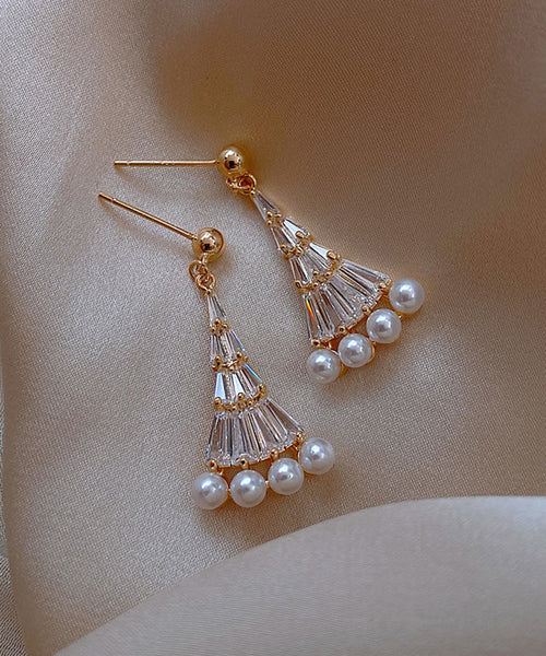 Pearl Alloy Fashion Earrings Gold Fan-Shaped Copper Drop FashionChic