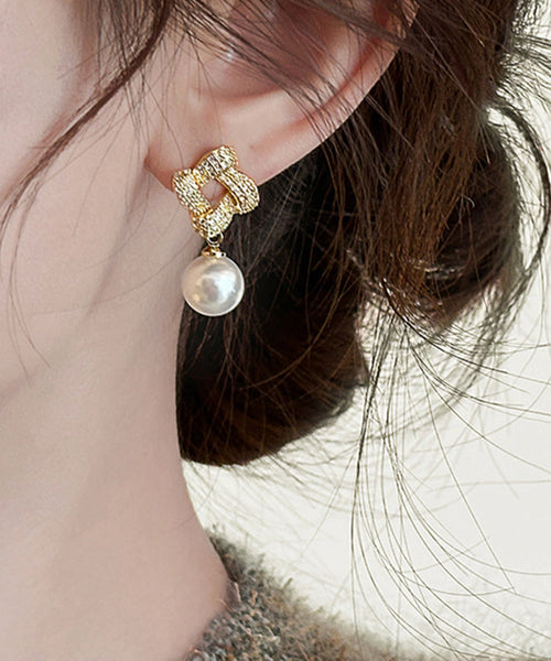 Fashion Gold Sterling Silver Alloy Zircon Pearl Square Drop Earrings RA004 ABC