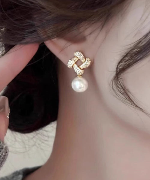 Square Silver Sterling Overgild Zircon Pearl Drop Fashion Gold FashionChic