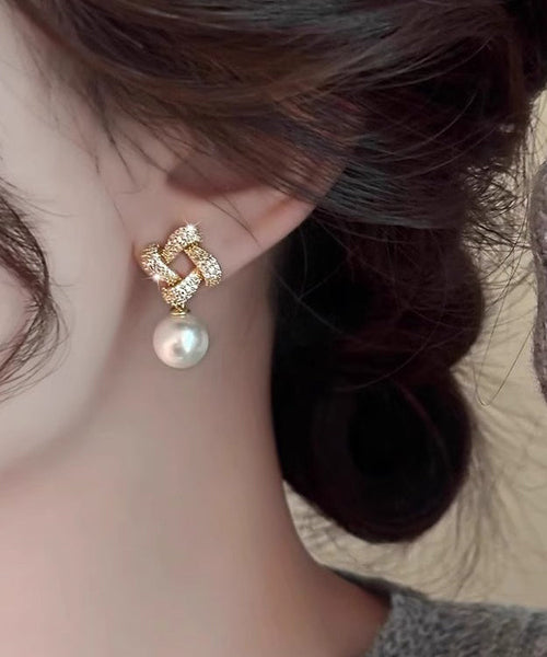 Square Silver Sterling Overgild Zircon Pearl Drop Fashion Gold FashionChic