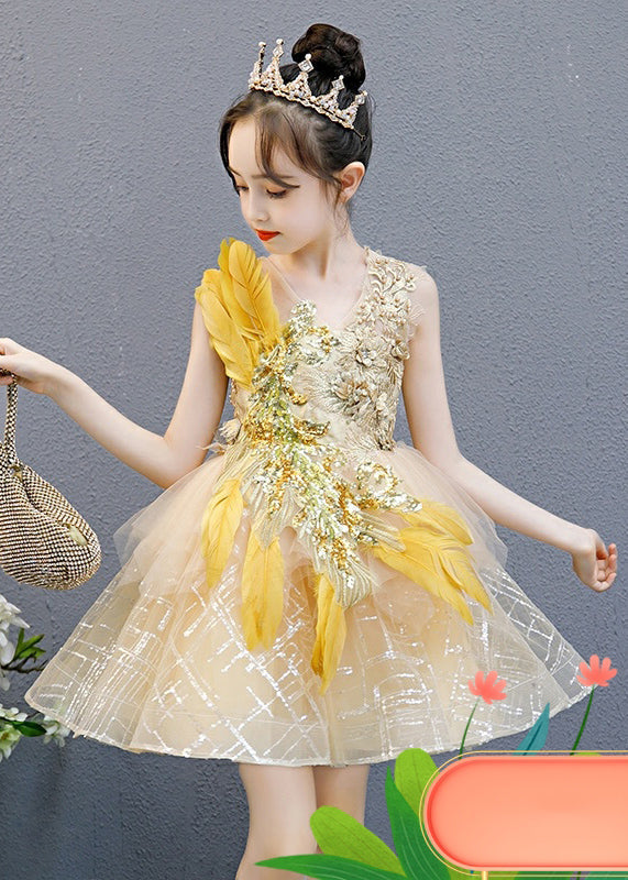 Fashion Gold V Neck Lace Patchwork Tulle Girls Mid Dress Sleeveless QV006 WS-JRTZSDGM241026