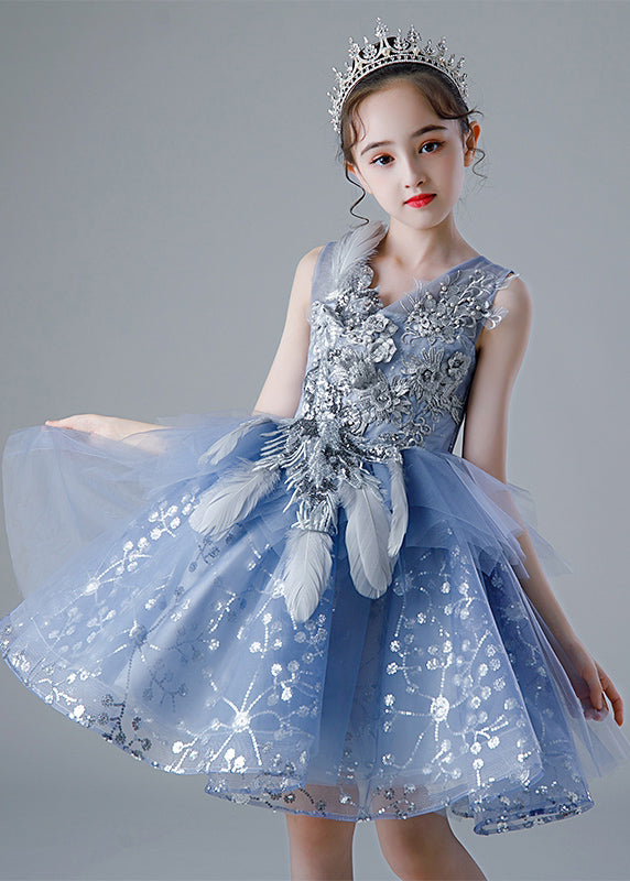 Fashion Gold V Neck Lace Patchwork Tulle Girls Mid Dress Sleeveless QV006 WS-JRTZSDGM241026