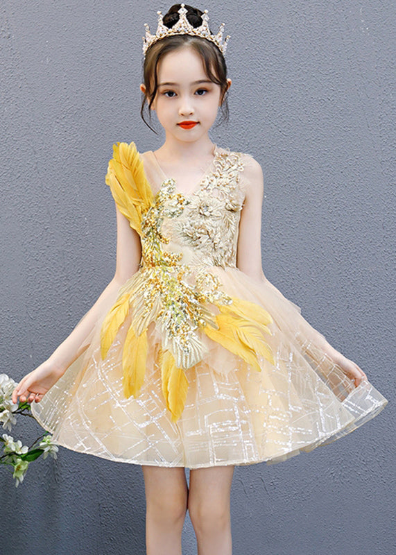Fashion Gold V Neck Lace Patchwork Tulle Girls Mid Dress Sleeveless QV006 WS-JRTZSDGM241026