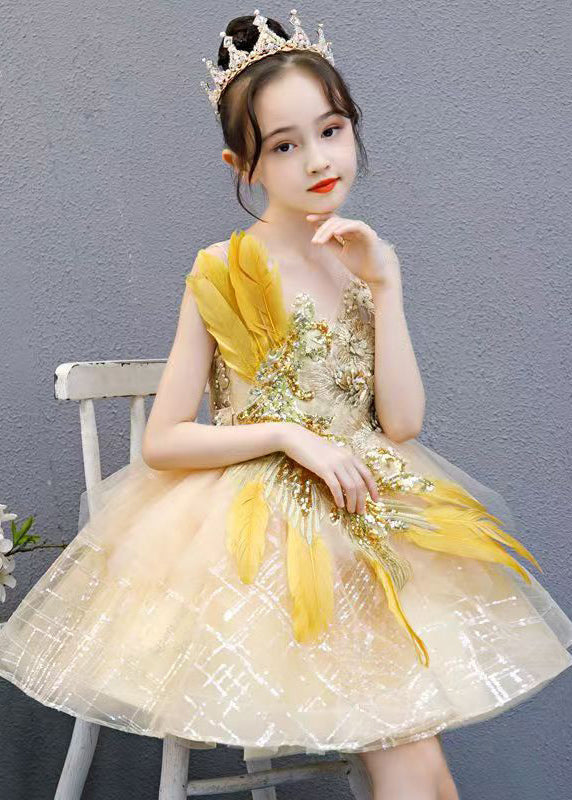 Fashion Gold V Neck Lace Patchwork Tulle Girls Mid Dress Sleeveless QV006 WS-JRTZSDGM241026