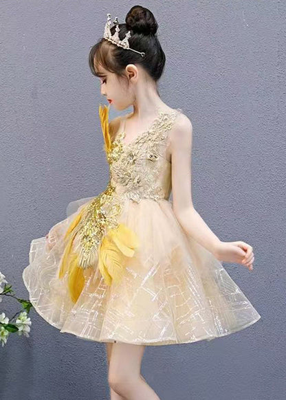 Fashion Gold V Neck Lace Patchwork Tulle Girls Mid Dress Sleeveless QV006 WS-JRTZSDGM241026