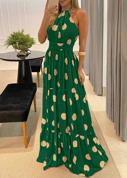 Maxi Fashion Dot Halter Sleeveless Backless Print Dress Green FashionChic