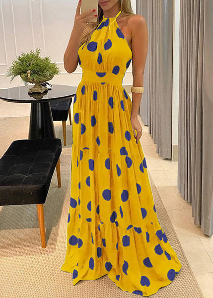 Maxi Fashion Dot Halter Sleeveless Backless Print Dress Green FashionChic