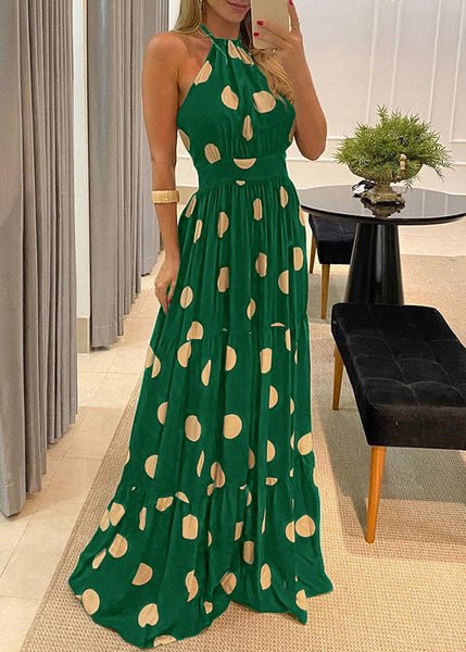 Maxi Fashion Dot Halter Sleeveless Backless Print Dress Green FashionChic