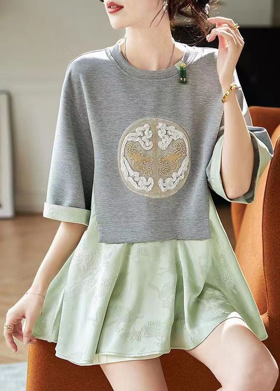 Fashion Green False Two Pieces Print Patchwork Cotton Top Summer BV008 MZF-STP240702