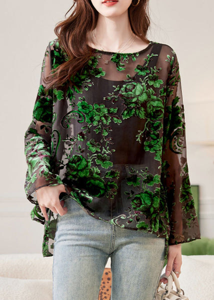 Shirts Floral O-Neck Chiffon Fashion Spring Green FashionChic
