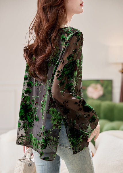 Shirts Floral O-Neck Chiffon Fashion Spring Green FashionChic