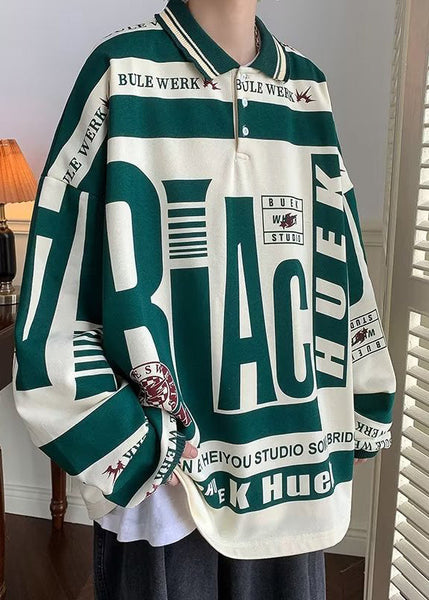 Fashion Green Peter Pan Collar Cotton Men Graphic Polo Shirts Fall WJ003 MENPT241119