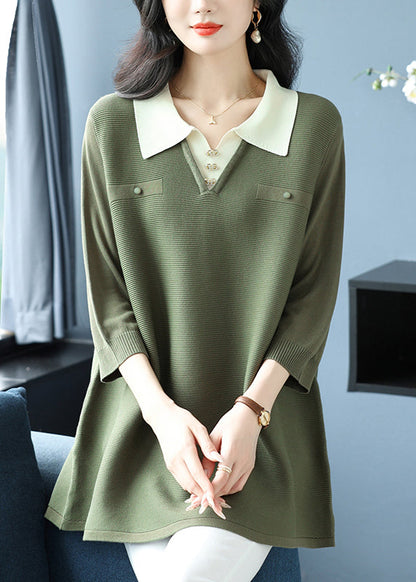 Fashion Green Peter Pan Collar Patchwork Ice Silk Tops Bracelet Sleeve TQ024 ABC