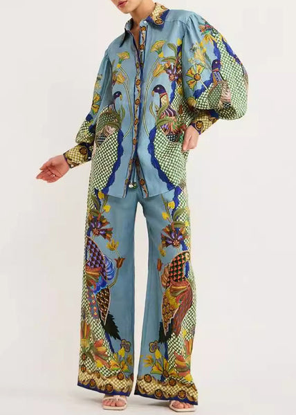 Green Shirts Fashion Print And Leg Peter Pants Wide Pan Collar FashionChic