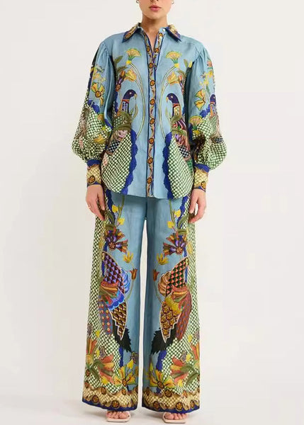 Green Shirts Fashion Print And Leg Peter Pants Wide Pan Collar FashionChic