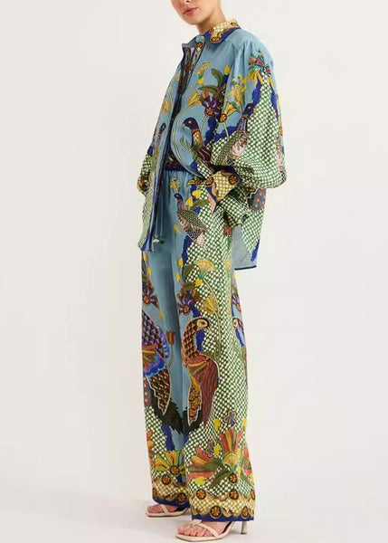 Green Shirts Fashion Print And Leg Peter Pants Wide Pan Collar FashionChic