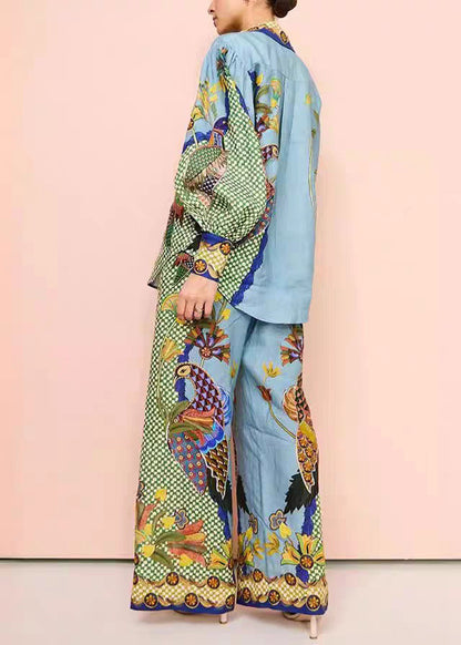 Green Shirts Fashion Print And Leg Peter Pants Wide Pan Collar FashionChic