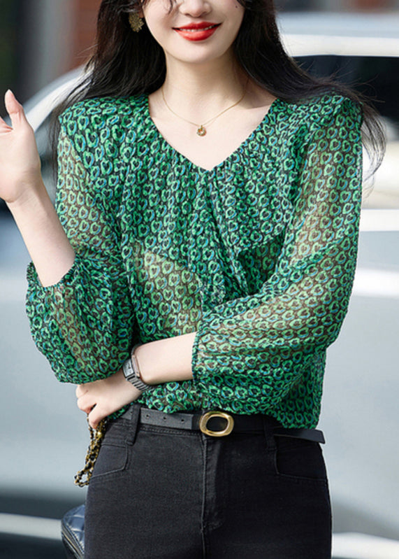 Fashion Green Ruffled Print Chiffon Top Bracelet Sleeve WW017 OL-LTP240812