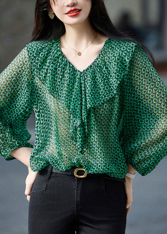 Fashion Green Ruffled Print Chiffon Top Bracelet Sleeve WW017 OL-LTP240812