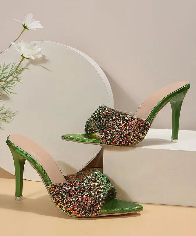 Fashion Green Sequins Splicing Stiletto High Heels Slide Sandals DD1040 Shoe-LT240605