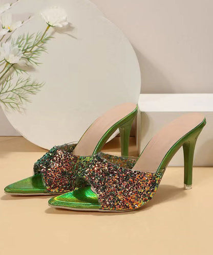 Fashion Green Sequins Splicing Stiletto High Heels Slide Sandals DD1040 Shoe-LT240605