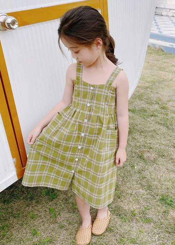 Fashion Green Square Collar Plaid Patchwork Button Girls Long Dress Sleeveless GF011 MM-RCTZ-SDL230724