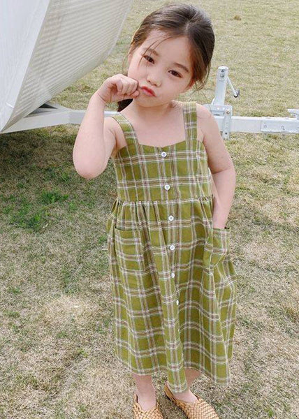 Fashion Green Square Collar Plaid Patchwork Button Girls Long Dress Sleeveless GF011 MM-RCTZ-SDL230724