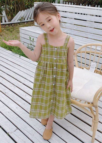 Fashion Green Square Collar Plaid Patchwork Button Girls Long Dress Sleeveless GF011 MM-RCTZ-SDL230724