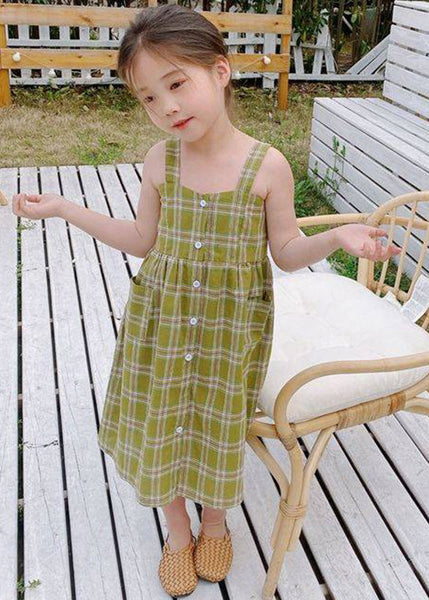 Fashion Green Square Collar Plaid Patchwork Button Girls Long Dress Sleeveless GF011 MM-RCTZ-SDL230724