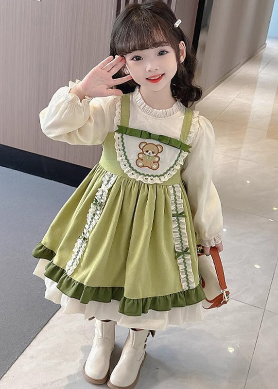 Fashion Green Stand Collar Print Girls Long Dresses Puff Sleeve YE028 ABC