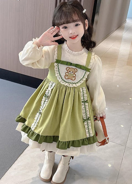 Fashion Green Stand Collar Print Girls Long Dresses Puff Sleeve YE028 ABC