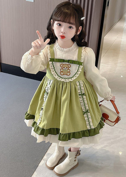Fashion Green Stand Collar Print Girls Long Dresses Puff Sleeve YE028 ABC