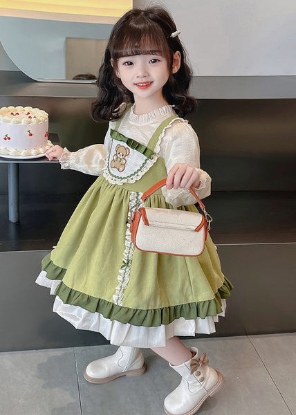 Fashion Green Stand Collar Print Girls Long Dresses Puff Sleeve YE028 ABC