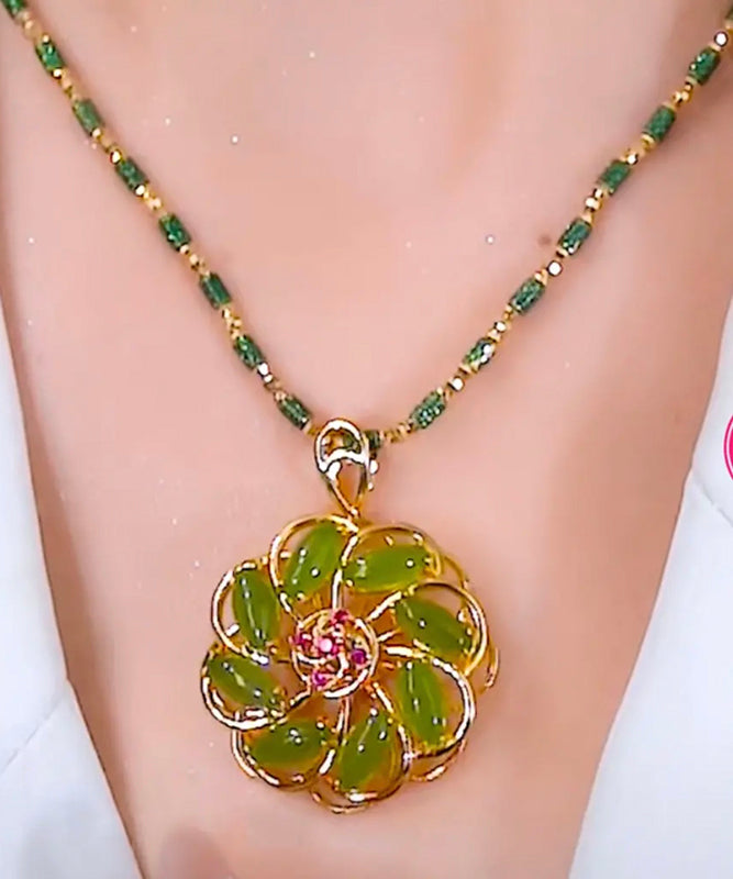 Fashion Green Sterling Silver Overgild Inlaid Floral Pendant Necklace YA049 ABC