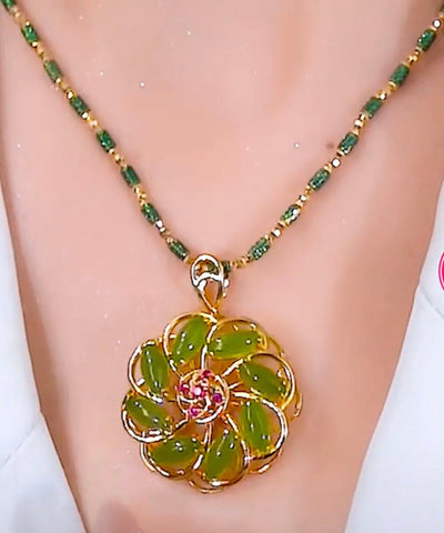 Fashion Green Sterling Silver Overgild Inlaid Floral Pendant Necklace YA049 ABC