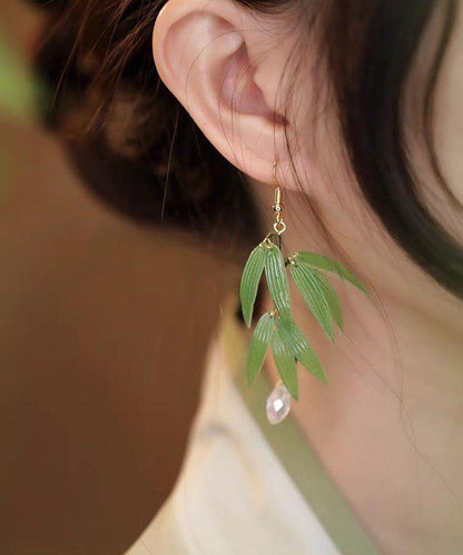 Fashion Green Sterling Silver Overgild Pearl Bamboo Leaf Drop Earrings ZZ085 JEW-EAR240613