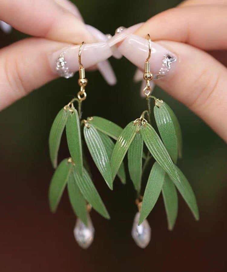 Fashion Green Sterling Silver Overgild Pearl Bamboo Leaf Drop Earrings ZZ085 JEW-EAR240613