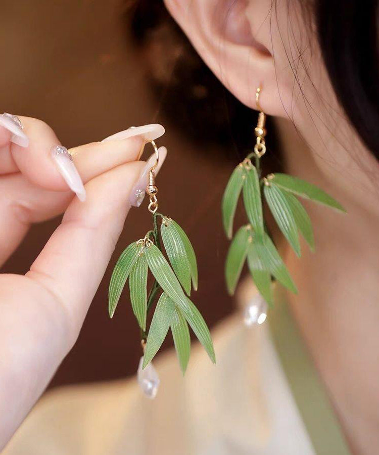 Fashion Green Sterling Silver Overgild Pearl Bamboo Leaf Drop Earrings ZZ085 JEW-EAR240613