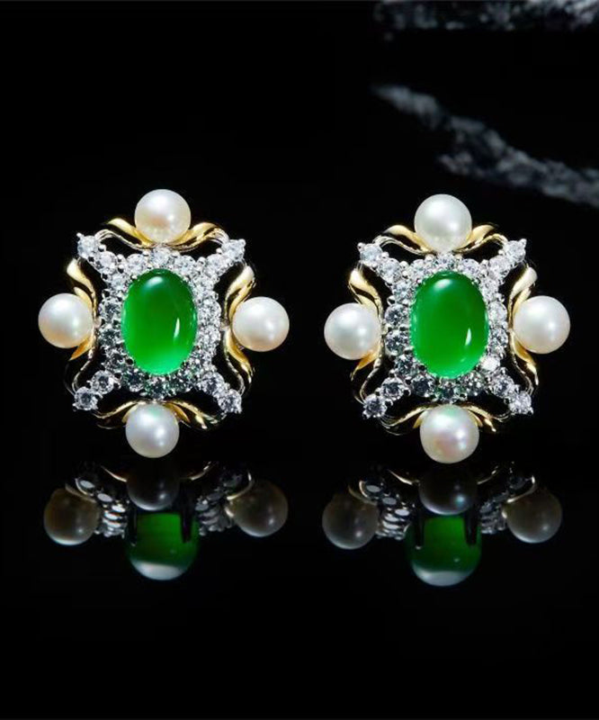 Fashion Green Sterling Silver Overgild Zircon Jade Pearl Stud Earrings AC1081 Genistyle Shop