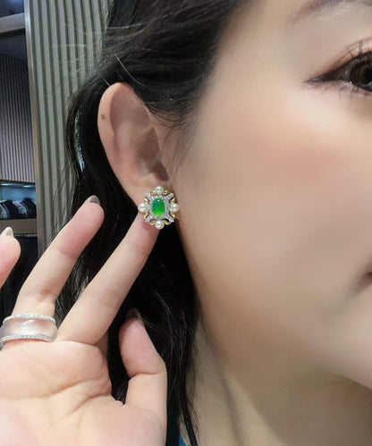 Fashion Green Sterling Silver Overgild Zircon Jade Pearl Stud Earrings AC1081 Genistyle Shop