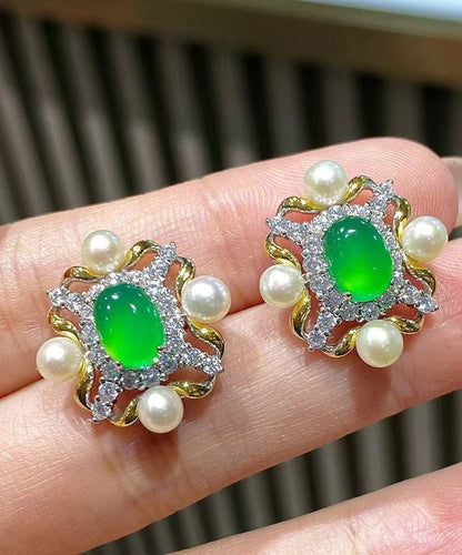 Fashion Green Sterling Silver Overgild Zircon Jade Pearl Stud Earrings AC1081 Genistyle Shop