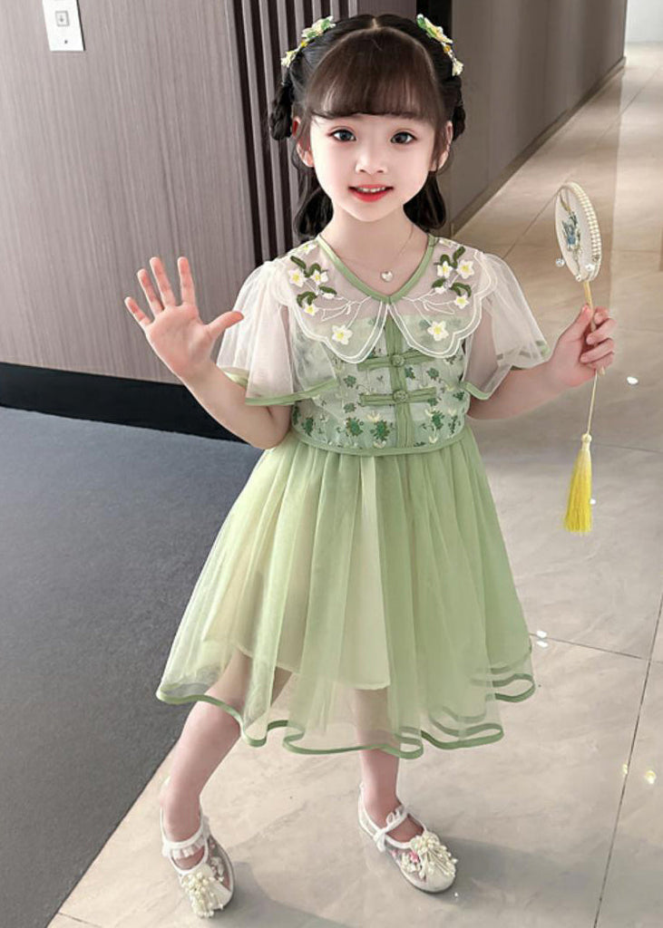 Fashion Green V Neck Embroideried Patchwork Tulle Girls Long Dresses Summer MN031 MM-RCTZ-SDGL240701