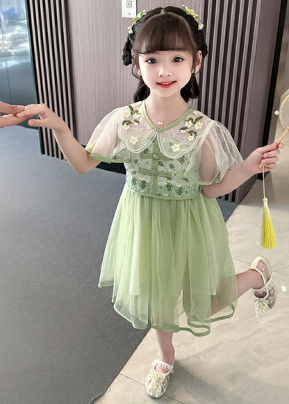 Fashion Green V Neck Embroideried Patchwork Tulle Girls Long Dresses Summer MN031 MM-RCTZ-SDGL240701