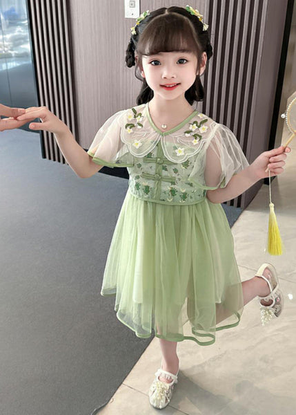 Fashion Green V Neck Embroideried Patchwork Tulle Girls Long Dresses Summer MN031 MM-RCTZ-SDGL240701