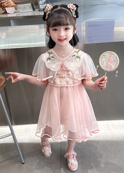 Fashion Green V Neck Embroideried Patchwork Tulle Girls Long Dresses Summer MN031 MM-RCTZ-SDGL240701