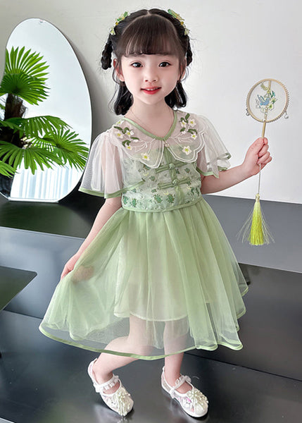 Fashion Green V Neck Embroideried Patchwork Tulle Girls Long Dresses Summer MN031 MM-RCTZ-SDGL240701