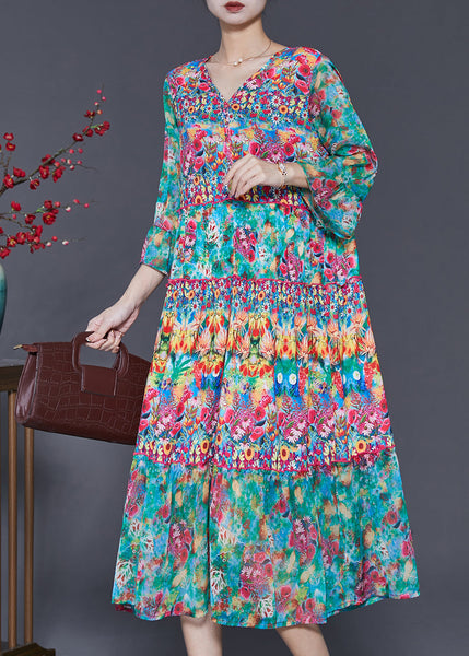 Fashion Green V Neck Print Silk Holiday Dress Summer SD1074 Ada Fashion