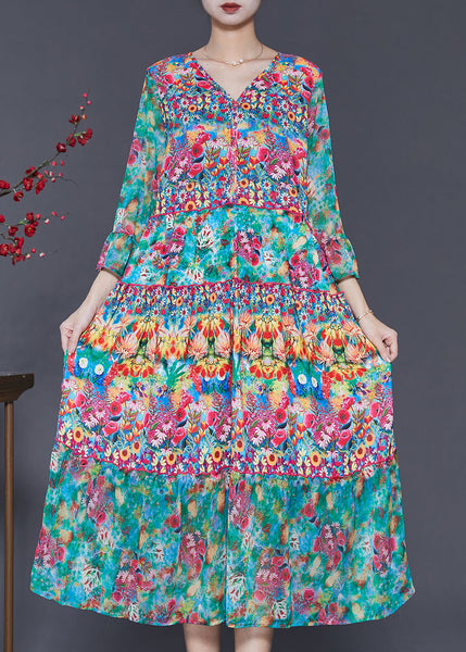 Fashion Green V Neck Print Silk Holiday Dress Summer SD1074 Ada Fashion