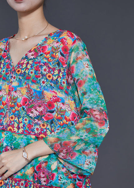 Fashion Green V Neck Print Silk Holiday Dress Summer SD1074 Ada Fashion